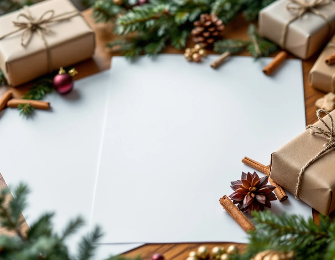 Blank white cardstock and gift tags arranged with holiday wrapping materials on wooden table