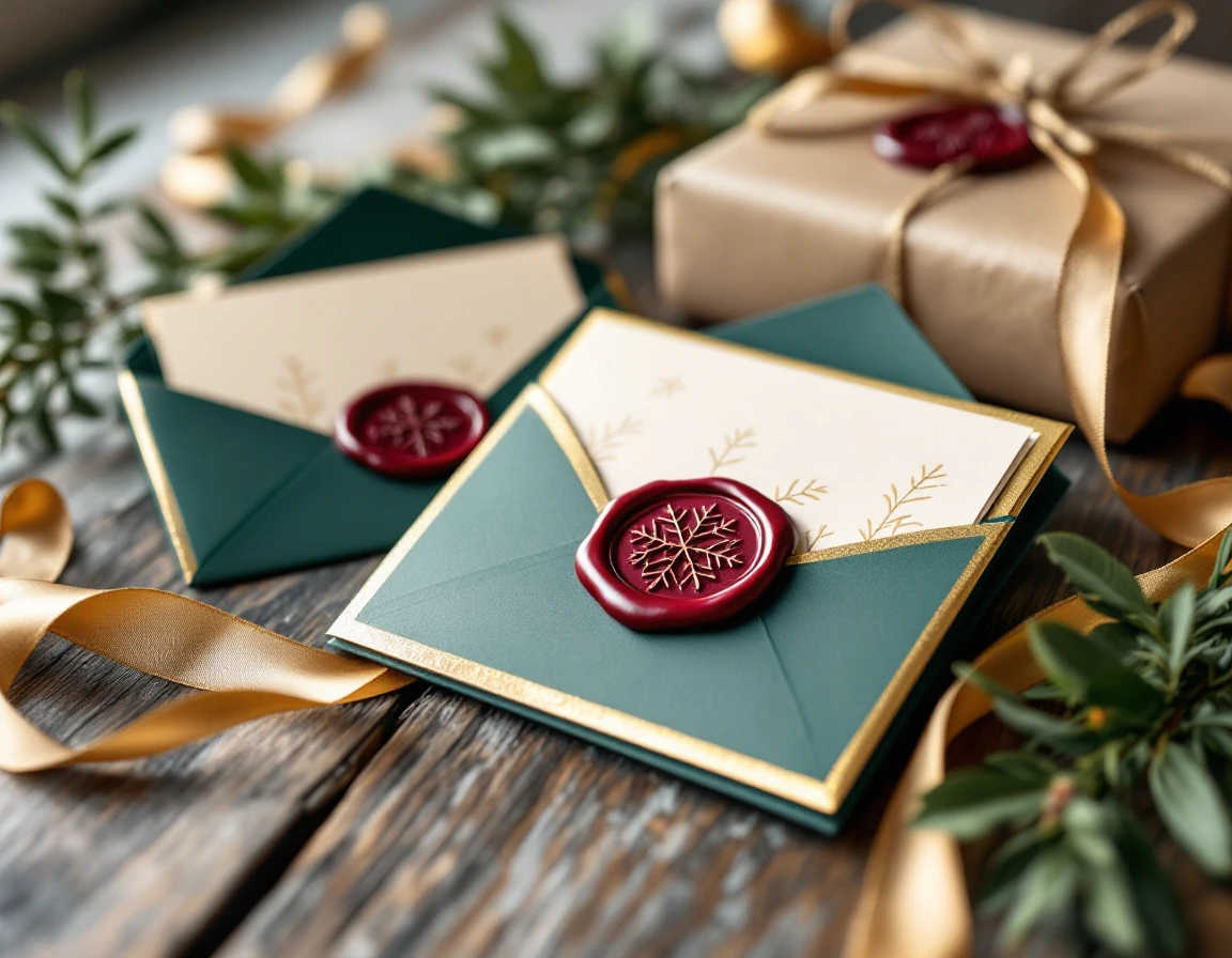 Premium holiday cards with wax seals, gold ribbons, and winter greenery on rustic wood surface