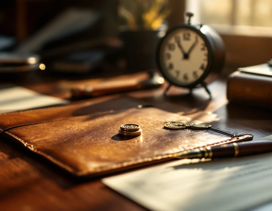 Professional notary workspace with embossing seal, fountain pen, and leather portfolio on wooden desk