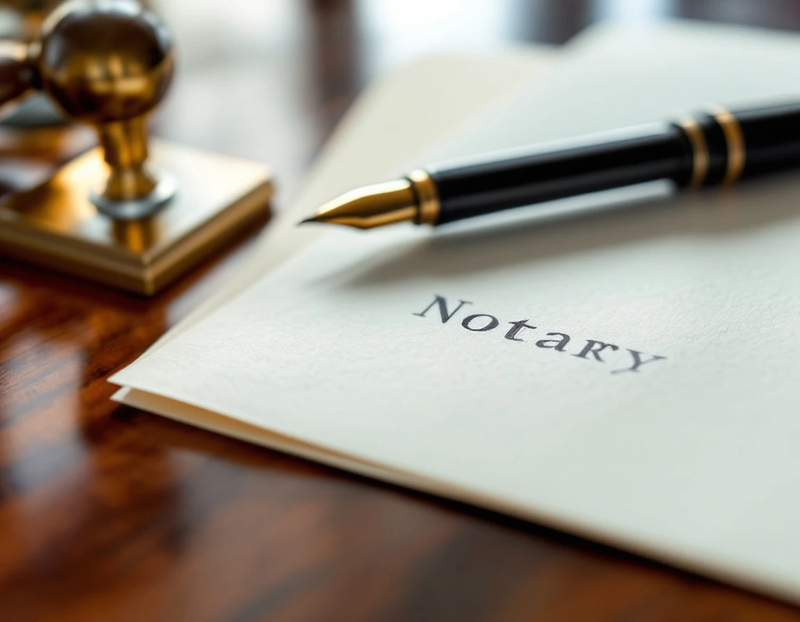 Notary embosser and official documents on office desk with fountain pen