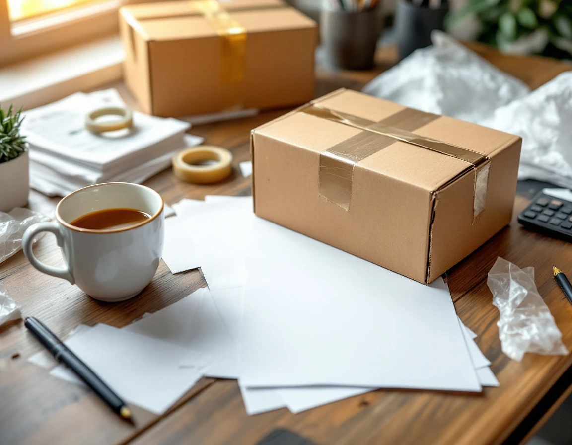 Damaged cardboard shipping box on office desk surrounded by blank documentation materials and ceramic mug