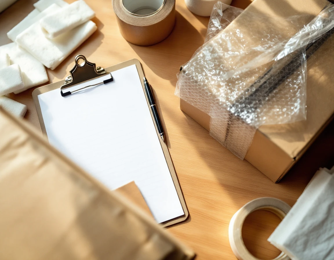 Shipping workspace with package, bubble wrap, and blank claims documentation on wooden desk