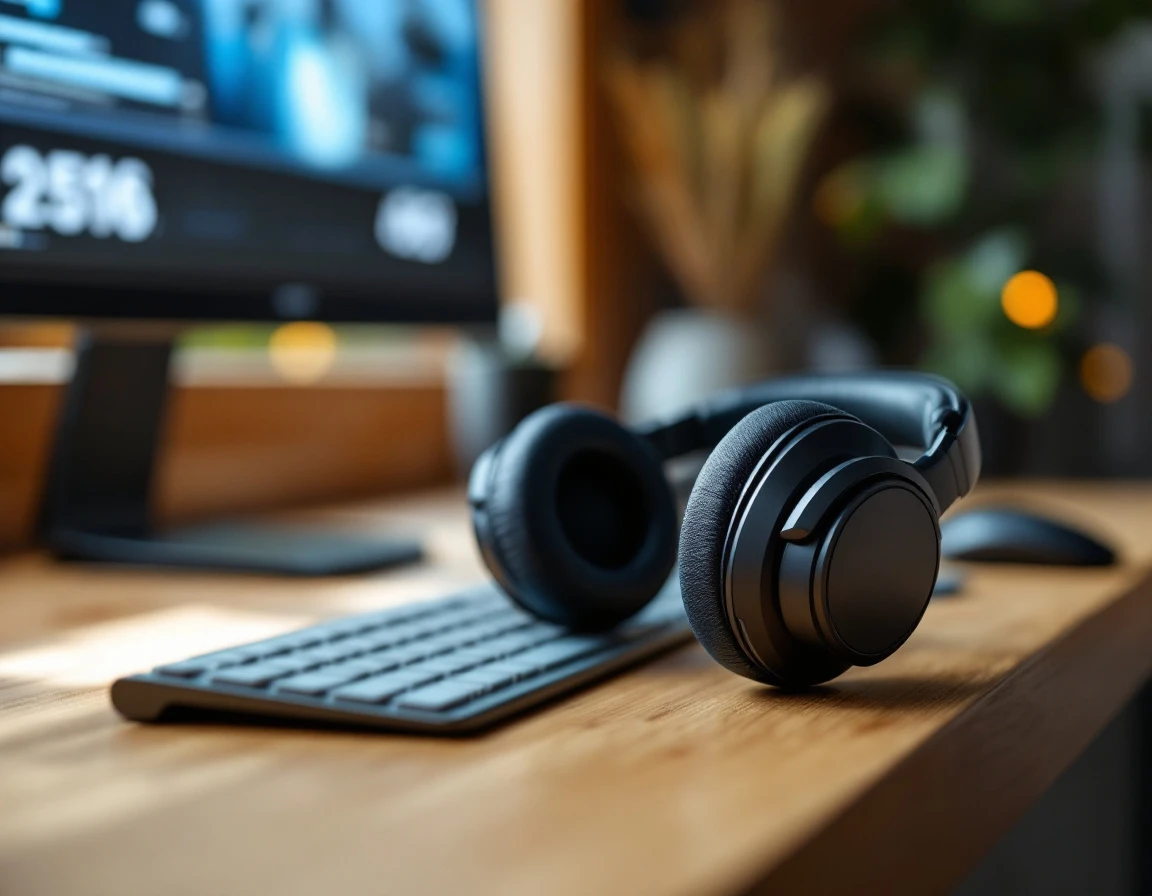 Customer service headphones on wooden desk with blurred monitor in background