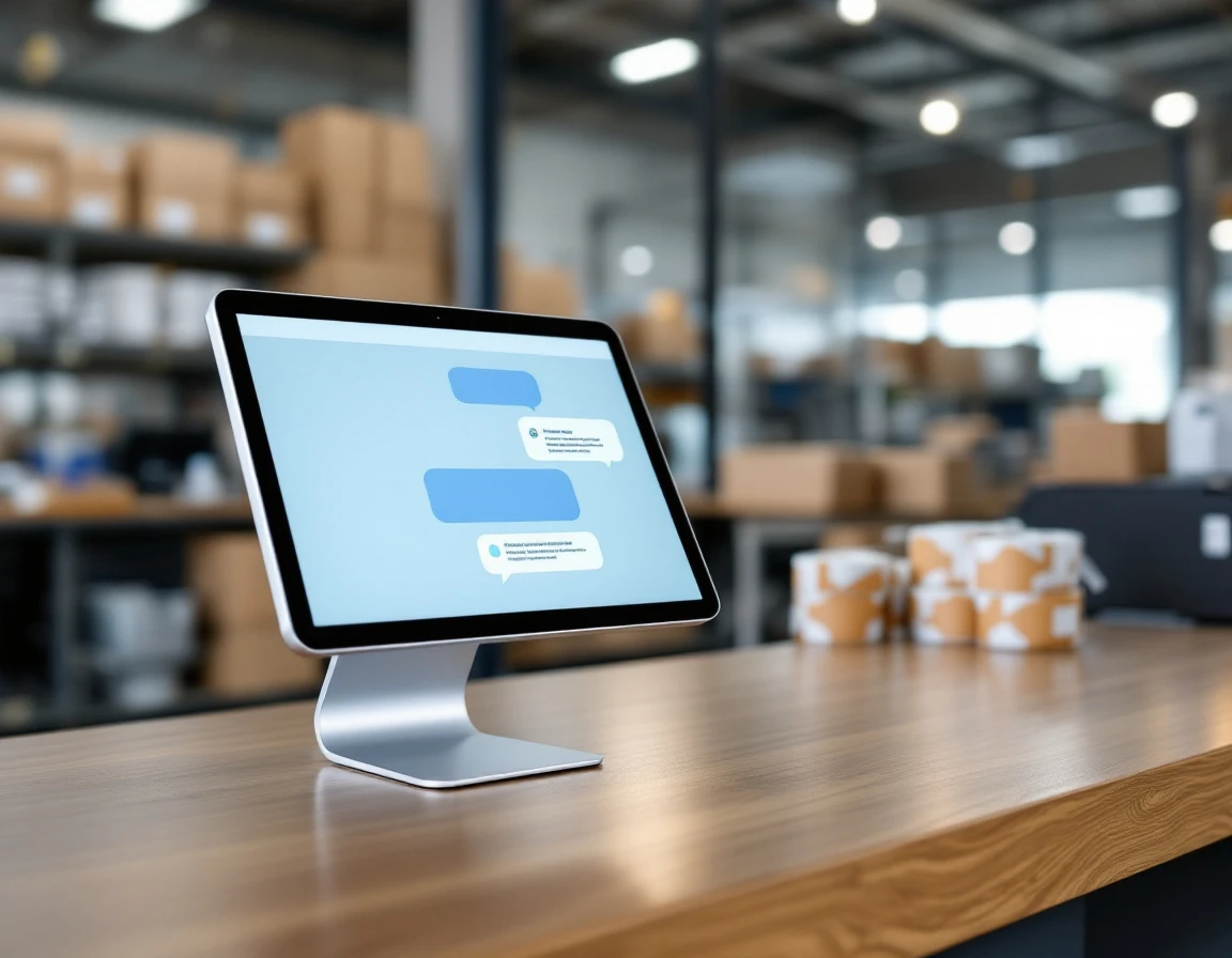 Point-of-sale tablet displaying customer service chat interface on counter in modern shipping facility