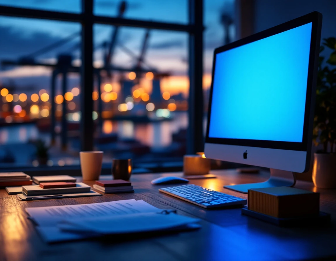 Shipping logistics office desk with container model and port view during evening blue hour