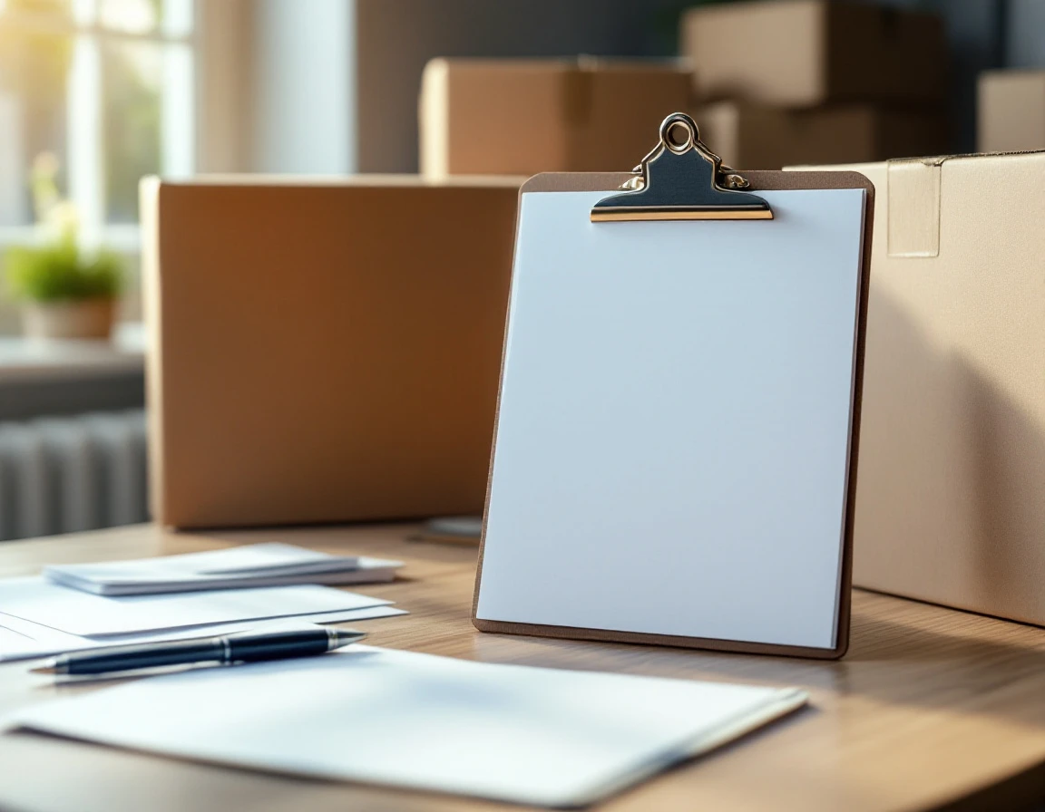 Clipboard with blank documentation beside shipping boxes on office desk for customs compliance preparation