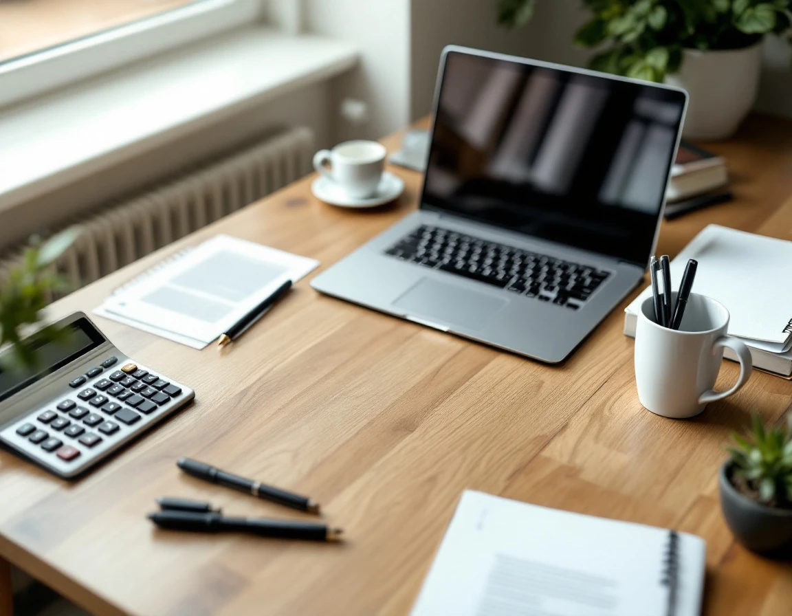 Organized shipping logistics workspace with laptop, calculator, and business documents on wooden desk