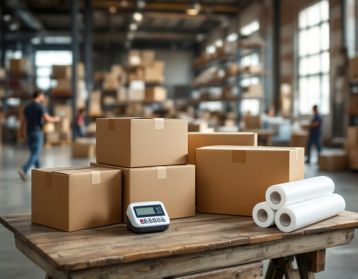 Warehouse packing station with cardboard boxes and shipping supplies under natural window light
