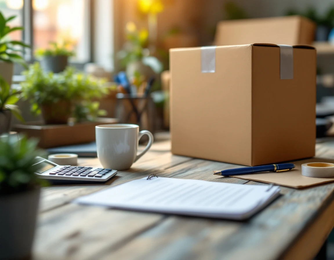 Organized shipping workspace with packaging materials and calculator on wooden desk