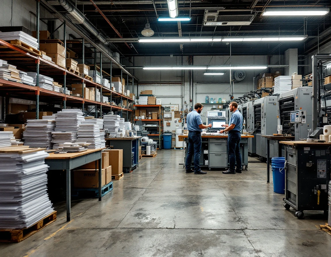 Commercial offset printing press in working print shop with quality control station and production materials