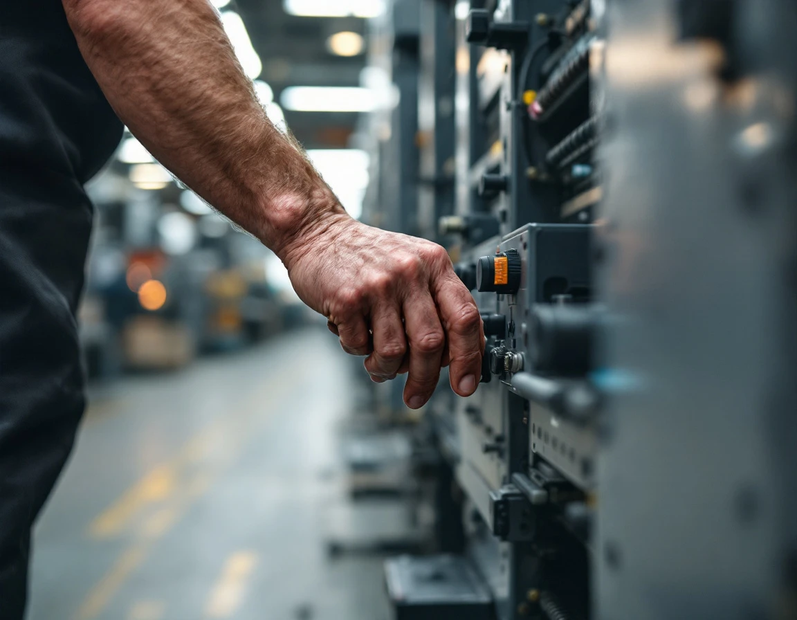 Print shop worker operating industrial offset press machinery in commercial printing facility