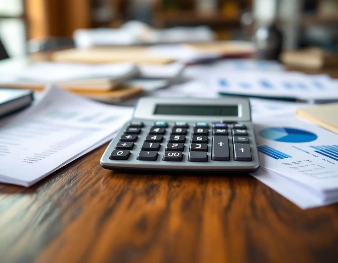 Calculator on wooden desk with blurred financial documents in print shop office