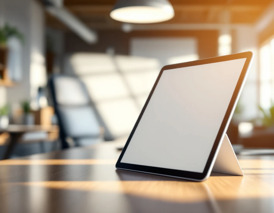 Tablet device on office desk with screen reflection obscuring display in professional workspace setting