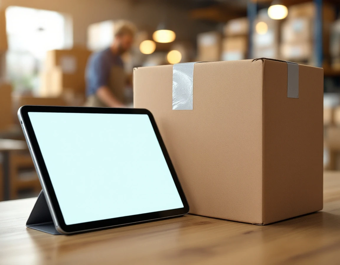 Tablet device beside shipping box on pack-and-ship store counter with warehouse shelving in background