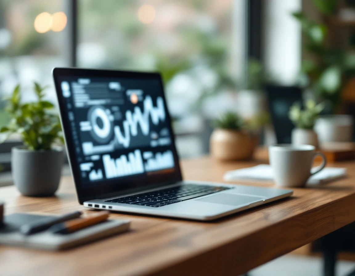 Modern office workspace with laptop and analytics tools for measuring customer service performance