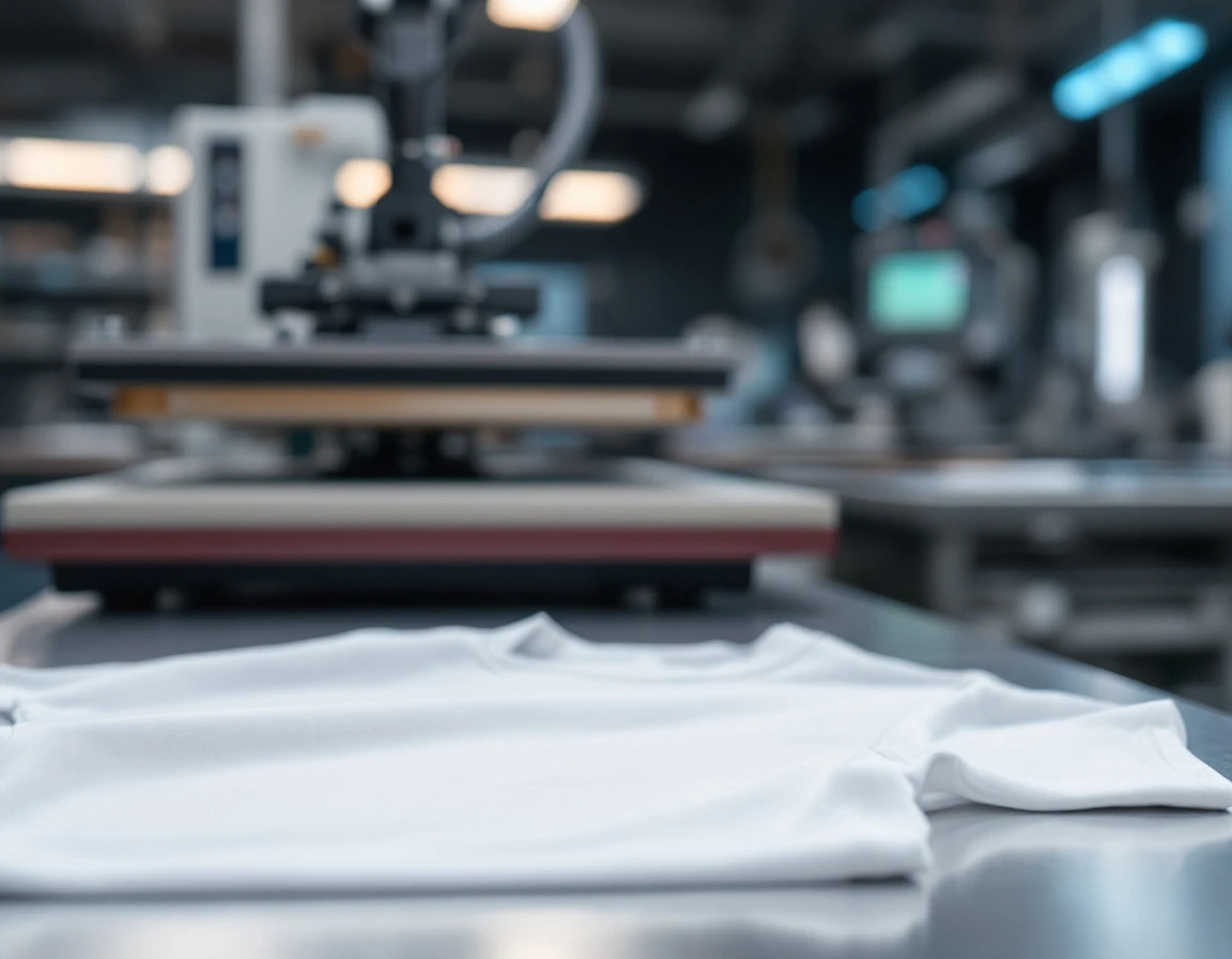 White t-shirt on steel table in professional garment printing workspace with heat press equipment in background