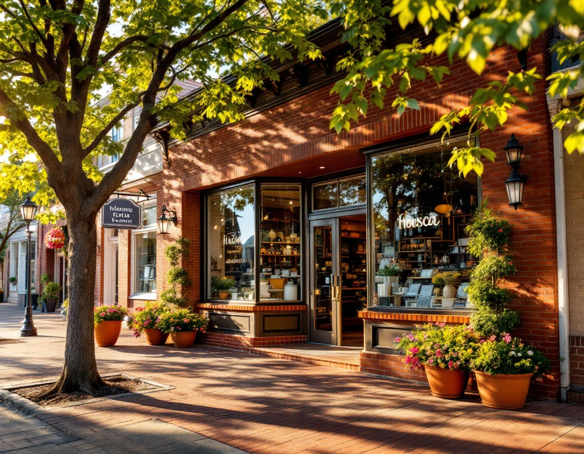 Brick storefront of independent retail shop with flower planters on main street during golden hour