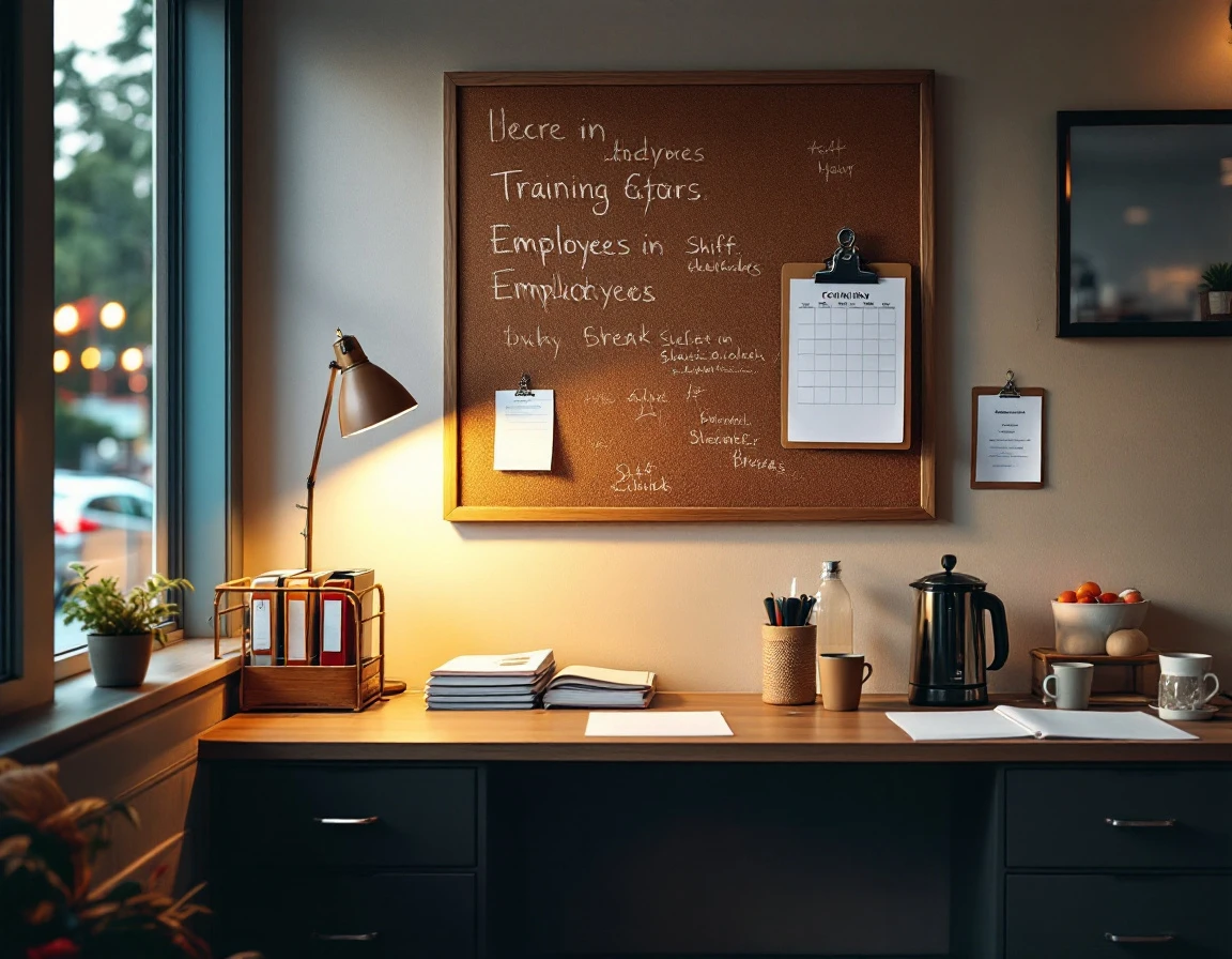 Organized retail store back office with training materials and employee scheduling workspace at dusk