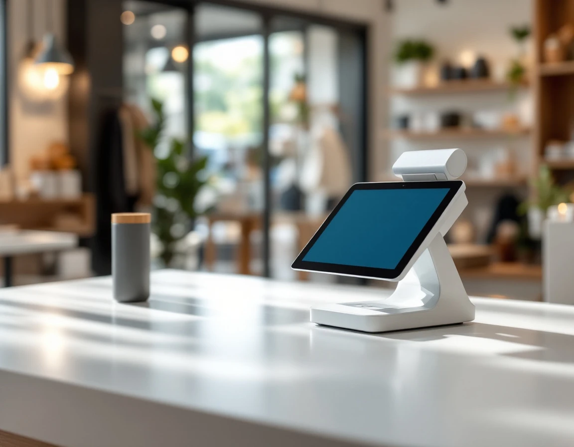 Modern point-of-sale counter in small retail shop showing streamlined checkout technology and organized workspace