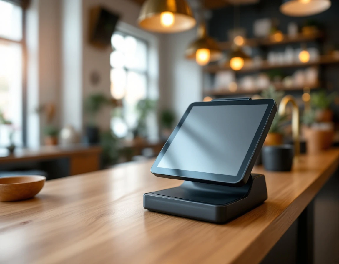 Modern POS terminal on wooden retail counter with natural lighting and contemporary fixtures