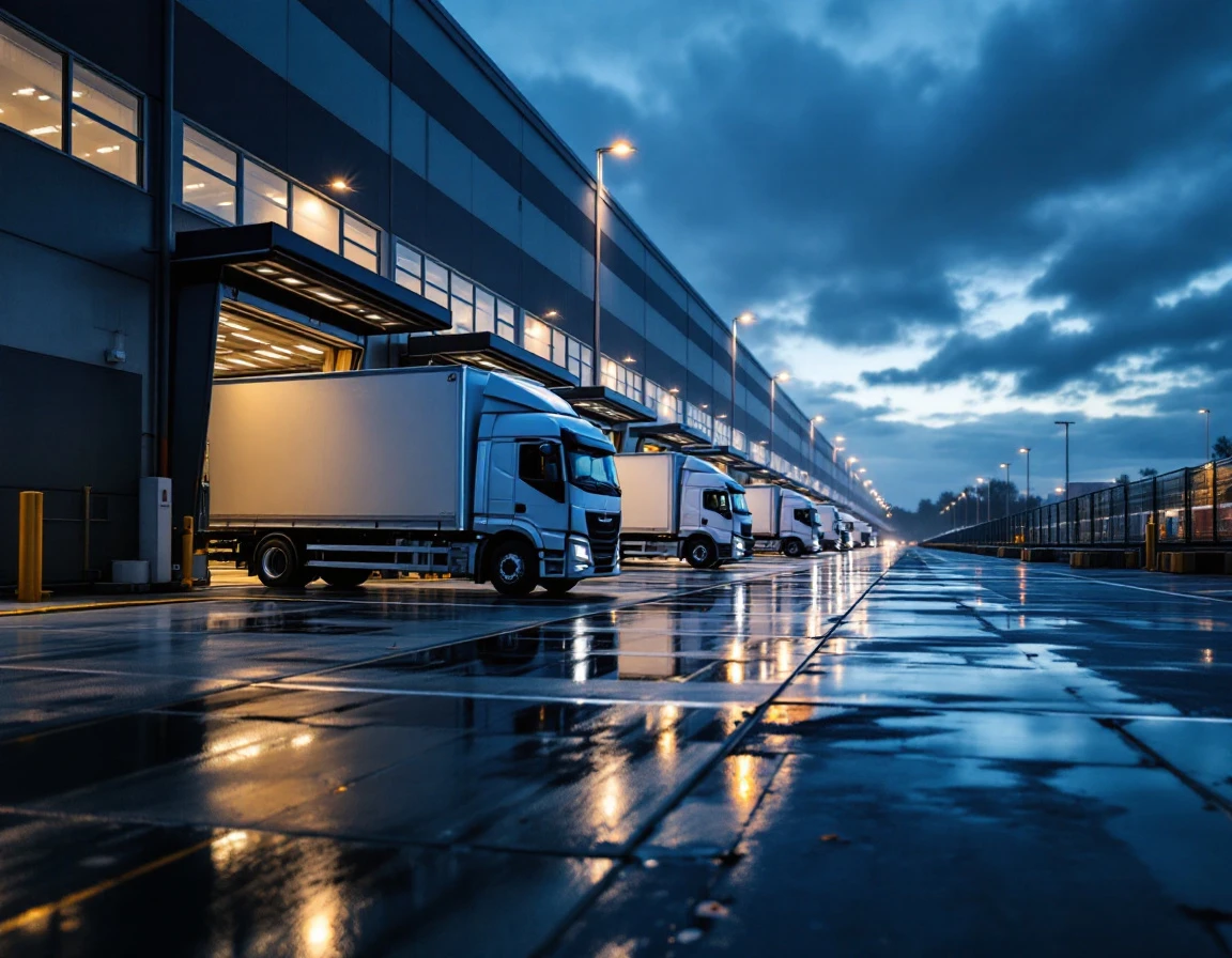 Delivery truck at warehouse loading dock during twilight with natural lighting and realistic depth of field