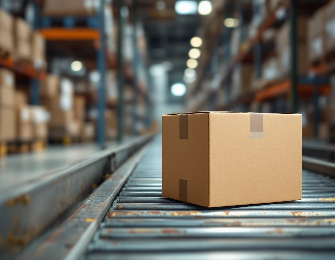 Shipping box on industrial conveyor belt in modern fulfillment warehouse with selective focus