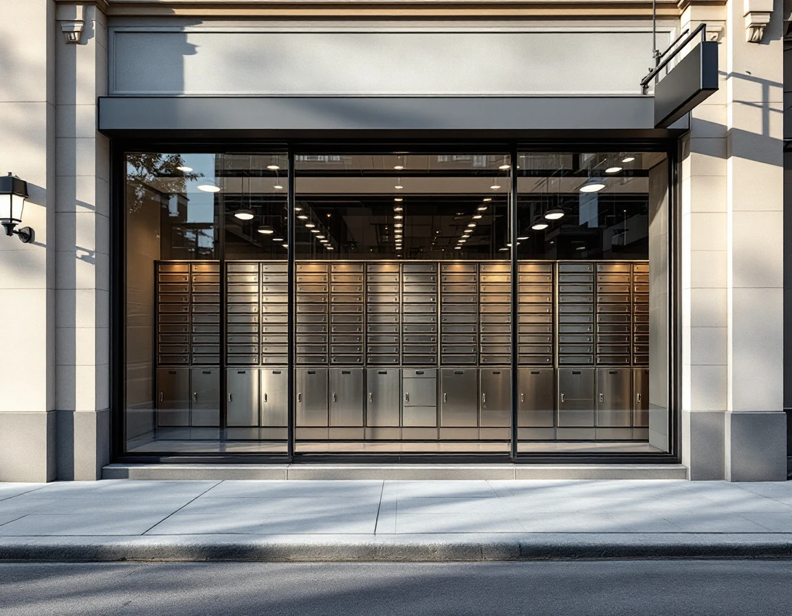 Modern retail storefront with wall of metal mailbox rentals visible through glass windows