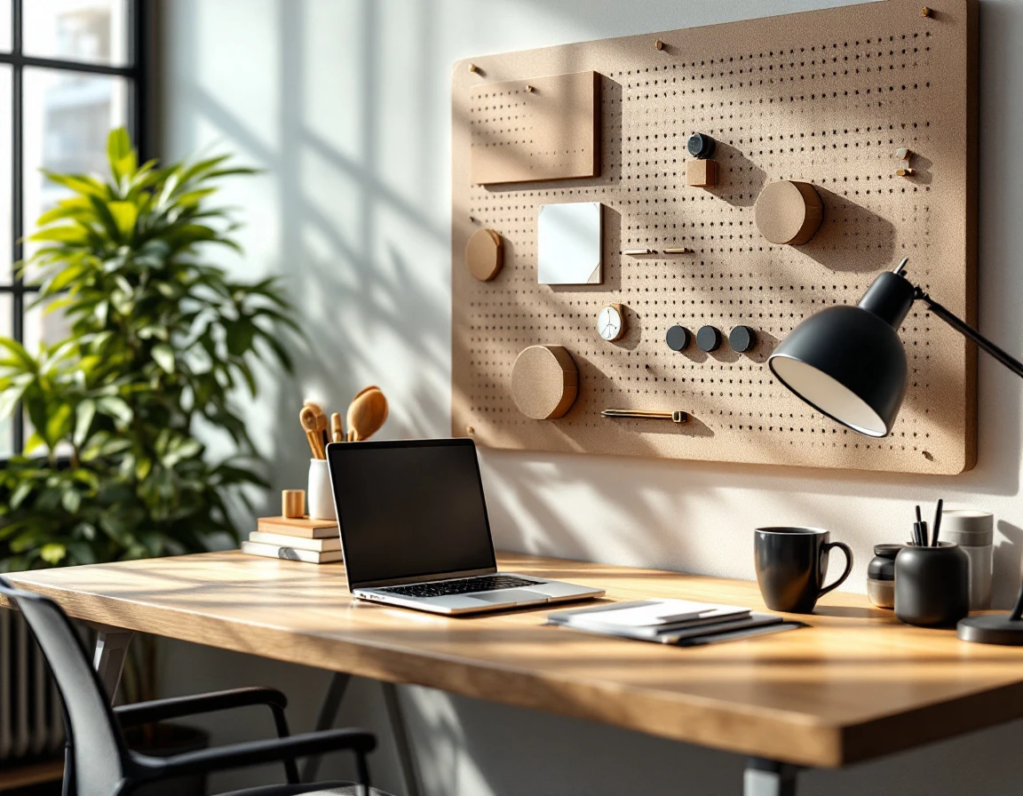 Modern office workspace with organizational pegboard system suggesting subscription and rental tracking systems