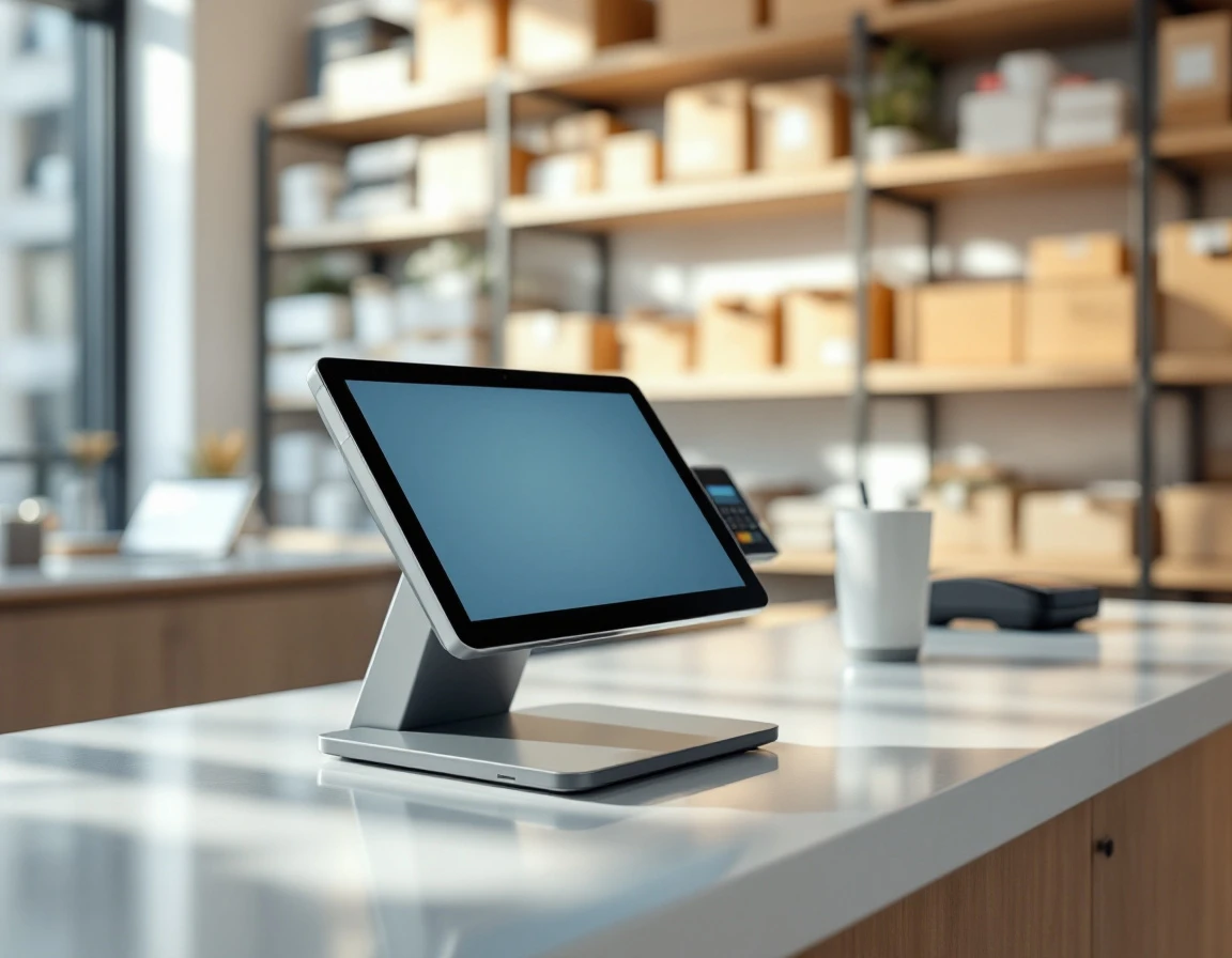 Point-of-sale terminal and card reader on retail counter in modern parcel services shop