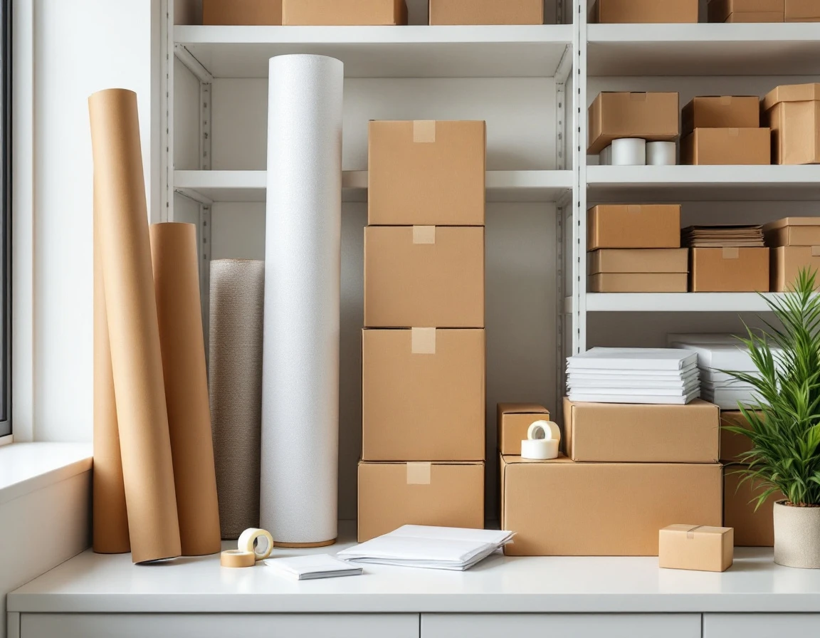 Organized packaging materials and shipping supplies arranged on shelving in modern fulfillment workspace