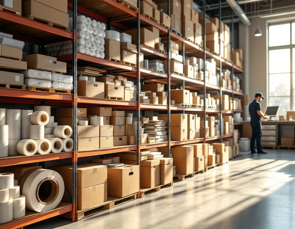 Pack-and-ship store shelves displaying organized shipping supplies including bubble wrap, packing tape, and cardboard