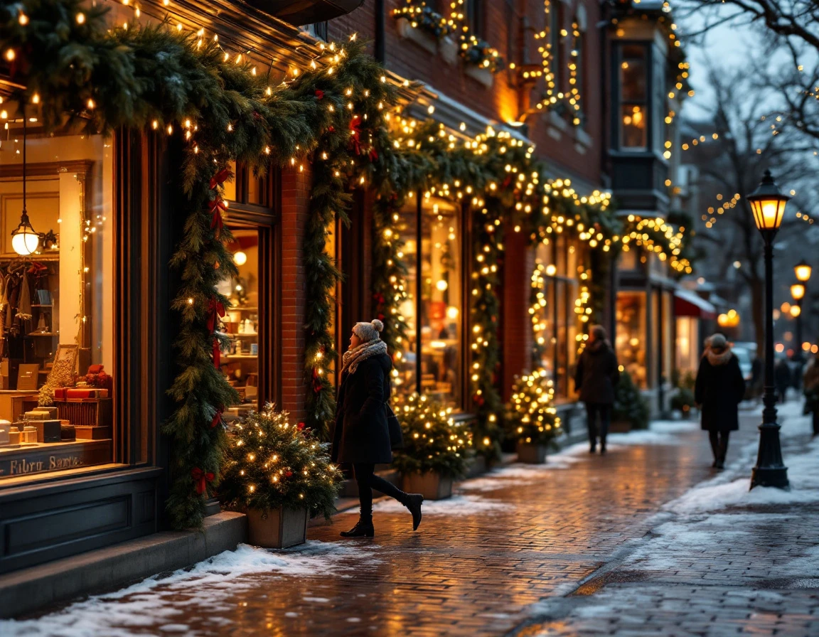 Small independent retail shops decorated with holiday garlands on a cozy downtown street at dusk