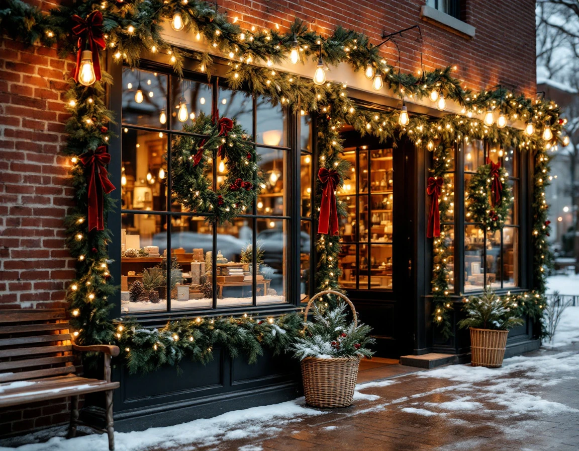 Independent retail shop with holiday decorations and warm interior lighting on a neighborhood street at dusk