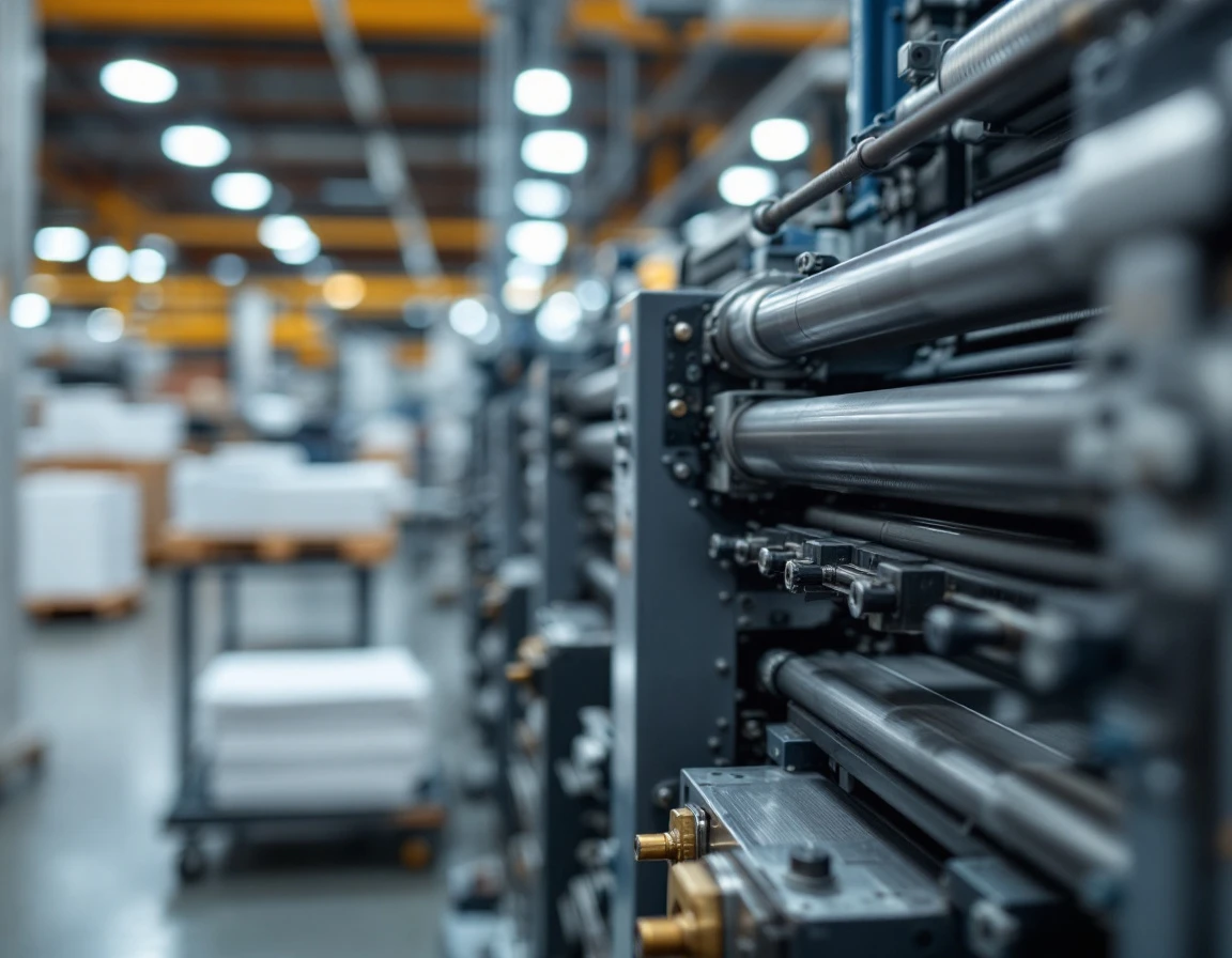 Industrial printing press machinery with mechanical components and paper stock in professional print facility