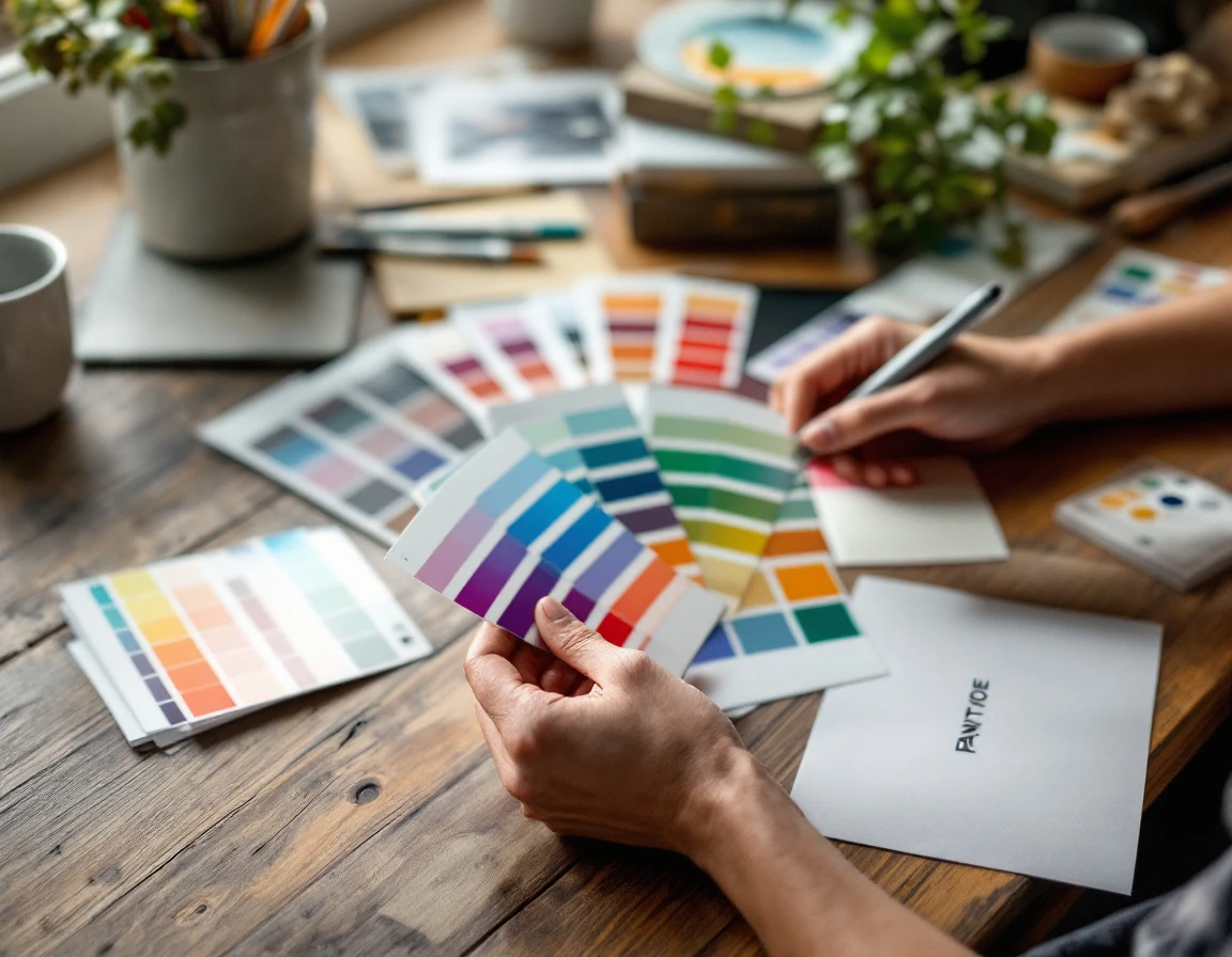 Designer's hands arranging color swatches and paper samples on wooden desk in print shop workspace