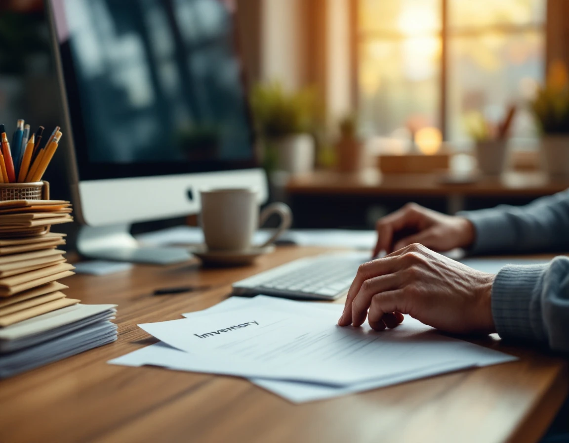 Hands sorting paperwork on wooden desk in pack-and-ship business office with organized folders and supplies