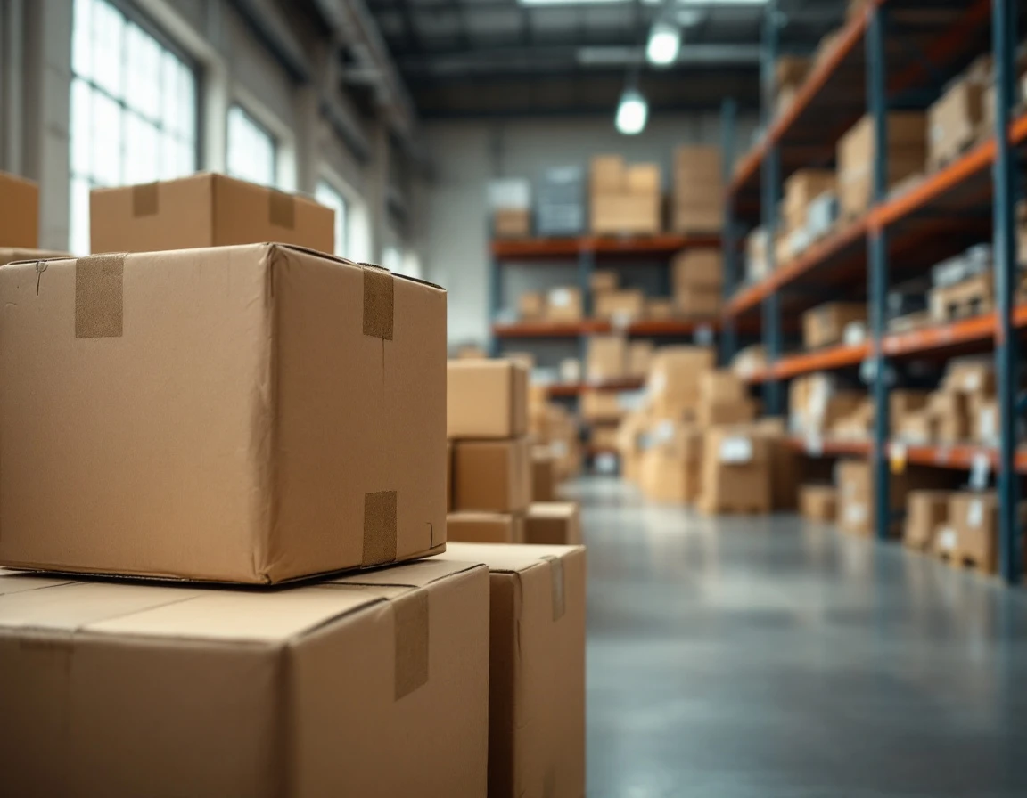 Warehouse inventory with cardboard boxes on metal shelving in natural directional lighting