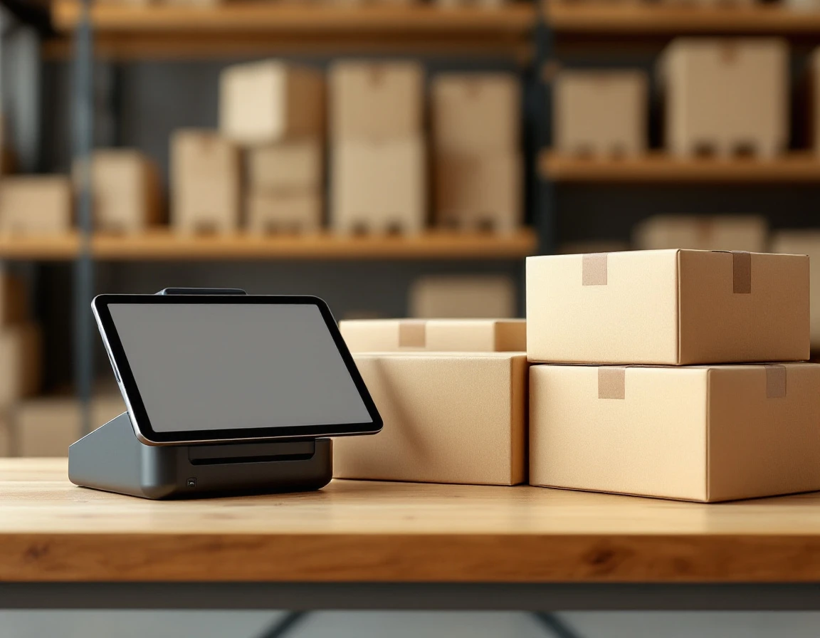 Point-of-sale terminal and shipping label printer with plain boxes on warehouse worktable