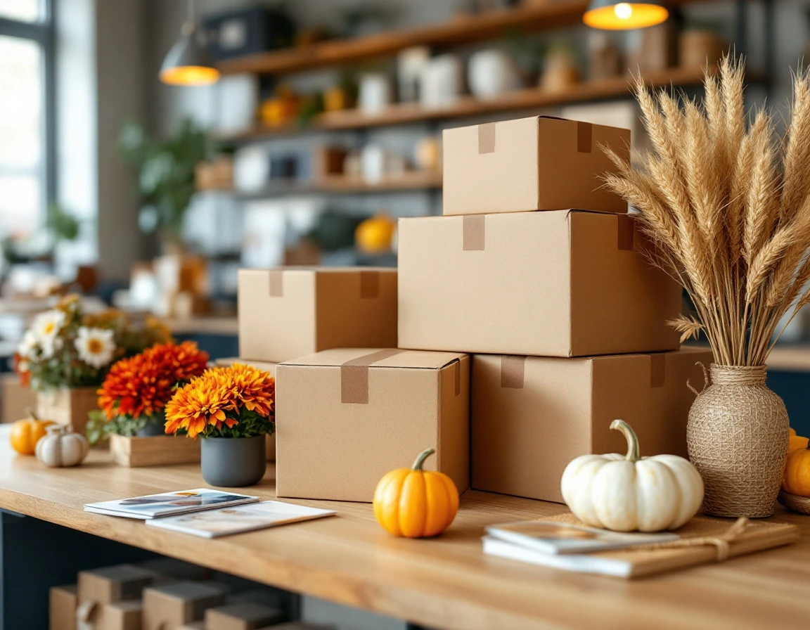 Retail counter display with shipping boxes, printing samples, and fall decorations arranged in zones