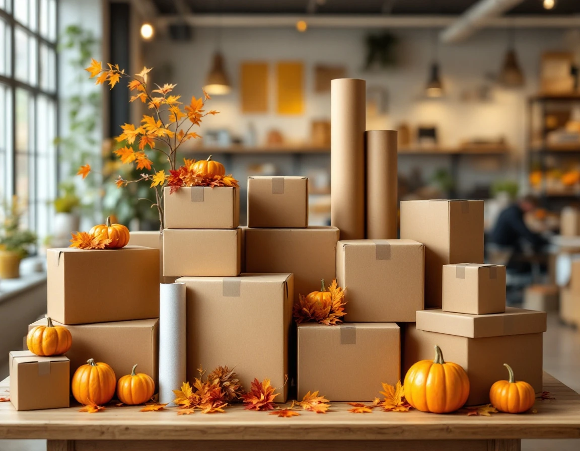 Retail display table with stacked shipping boxes, paper rolls, and autumn decorations in natural window lighting