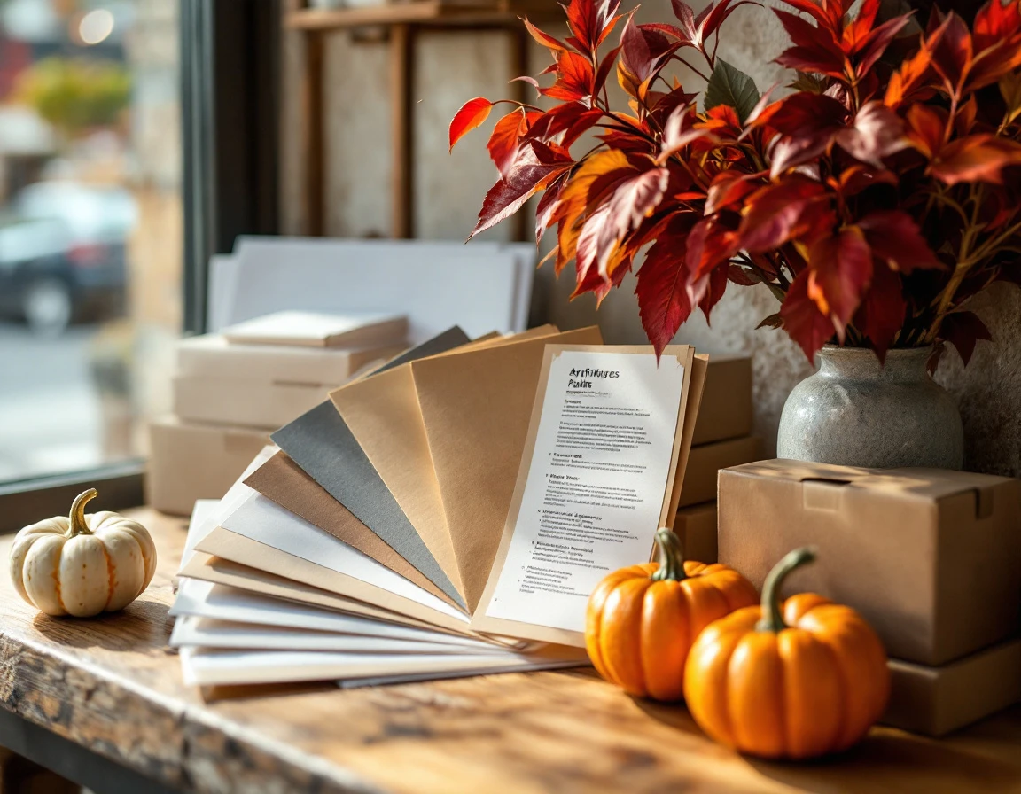 Autumn-themed retail display featuring printing paper samples, shipping supplies, and fall foliage on wooden counter