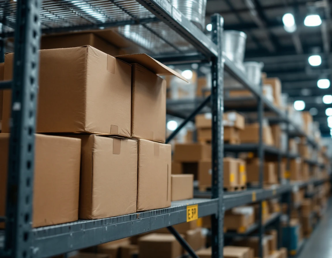 Stacked cardboard boxes on warehouse shelves in a shipping consolidation facility