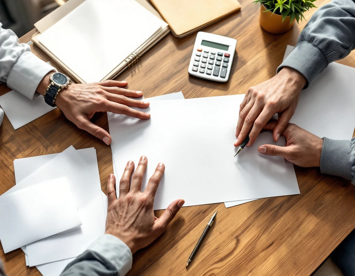 Two professionals reviewing blank shipping documents and calculations at a wooden desk with natural lighting