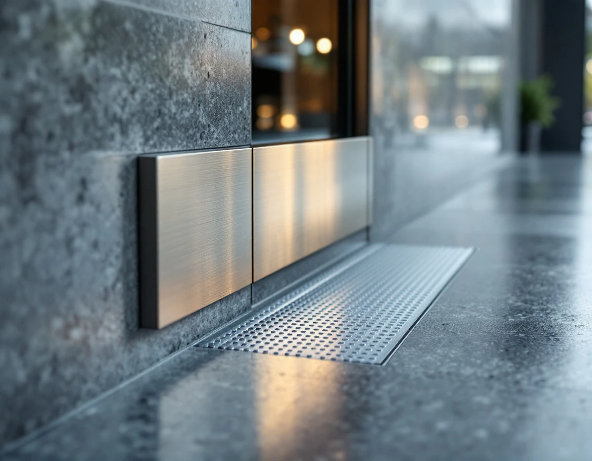 Tactile warning surfaces and raised dimensional elements on commercial building entrance