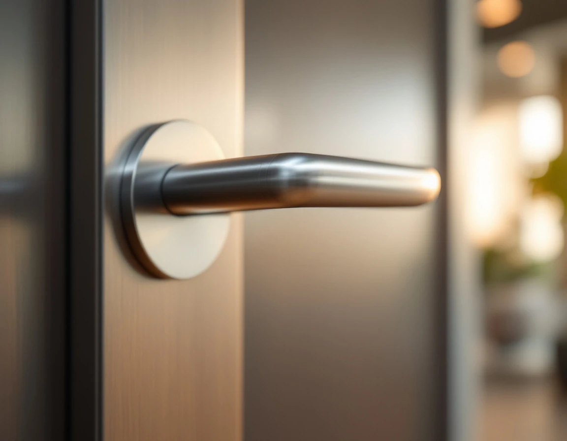 Brushed stainless steel ADA-compliant door lever handle with ergonomic design in modern commercial office setting