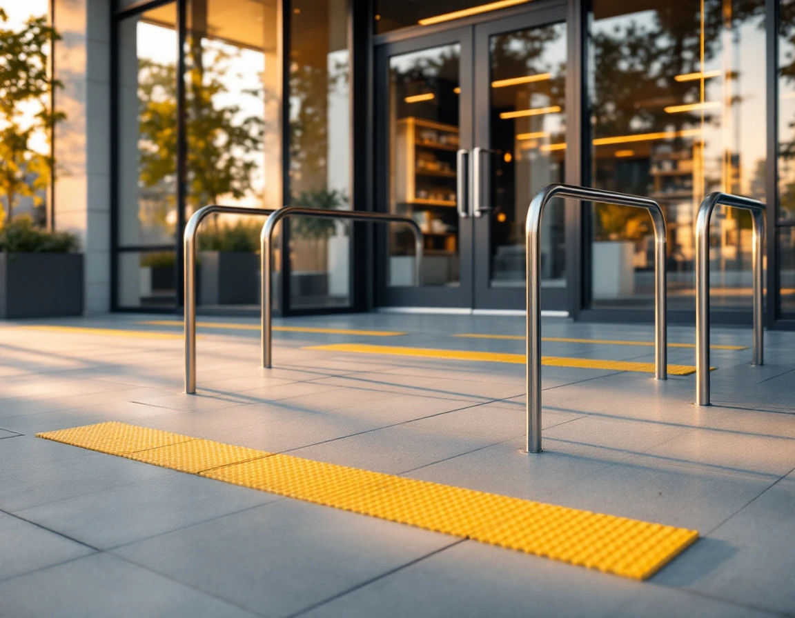 Accessible entrance ramp with metal handrails leading to commercial building doors with ADA-compliant hardware