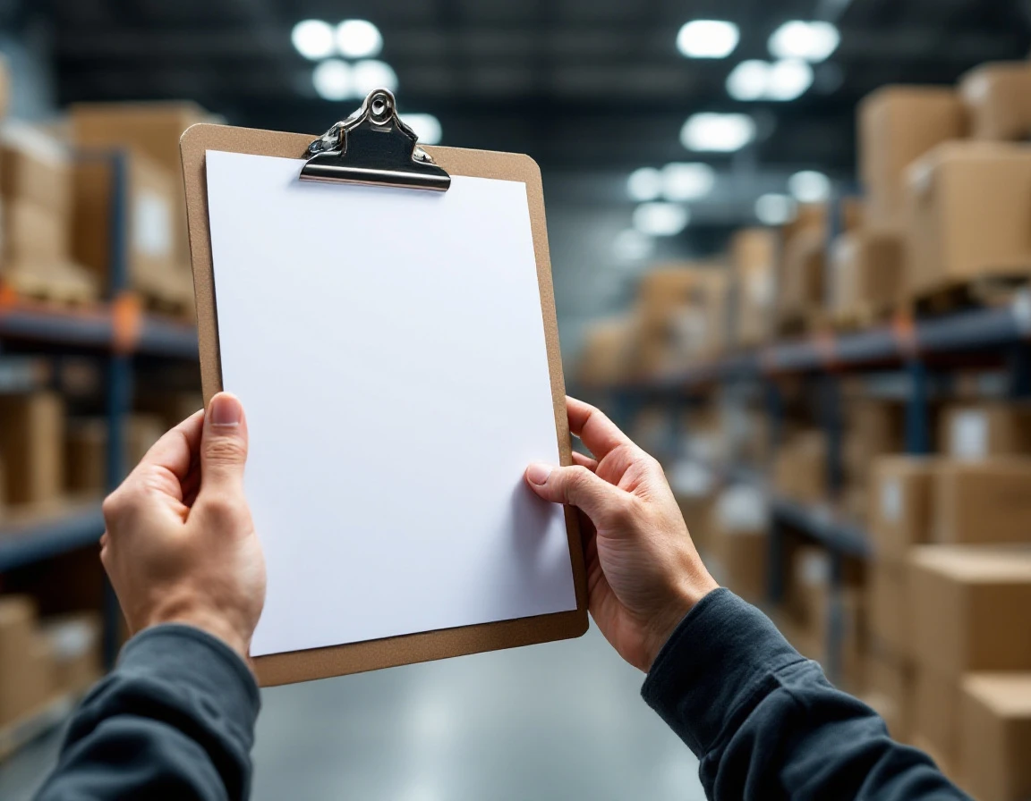 Warehouse worker reviewing inspection checklist on clipboard in logistics facility