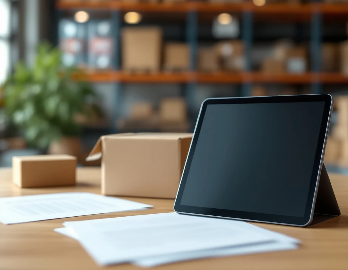 Shipping workspace with tablet, cardboard box, and logistics documents in warehouse office setting