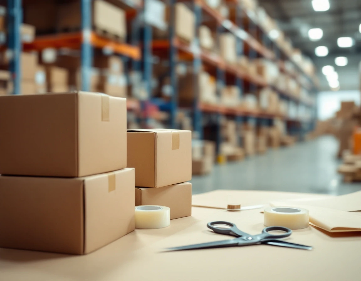 Warehouse packing station with unmarked cardboard boxes, packing tape, and scissors ready for international shipping