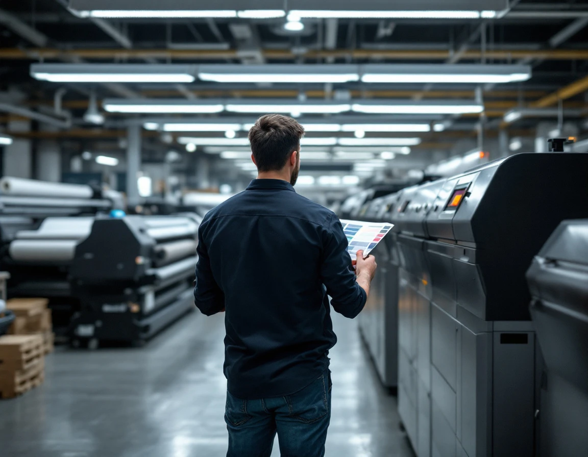 Print shop operator reviewing color samples and production materials in industrial printing facility